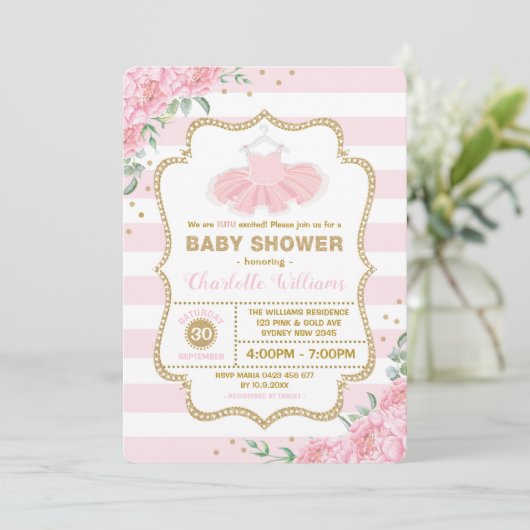 Pink Gold Floral Tutu Ballerina Girl Babydusche Einladung (Stehend Vorderseite)