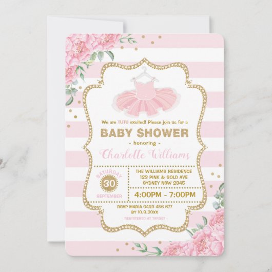 Pink Gold Floral Tutu Ballerina Girl Babydusche Einladung (Vorderseite)
