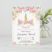 Pink Gold Floral Unicorn Baby Shower Einladung (Stehend Vorderseite)