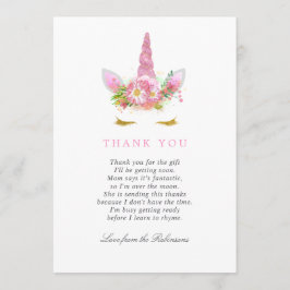 Pink & Gold Floral Unicorn Girl Baby Dusche Dank Dankeskarte