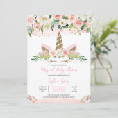 Pink Gold Floral Unicorn Kinderdusche Einladung (Stehend Vorderseite)
