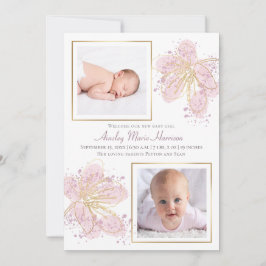 Pink Gold Floral Watercolor Baby Girl 2 Foto Ankündigung