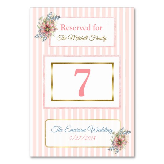 PInk Gold Floral Wedding Tischnummer Card (Vorderseite)