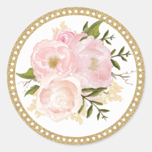 Pink Gold Floral Wedding Vielen Dank Round Sticker (Vorderseite)