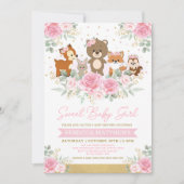 Pink Gold Floral Woodland Animals Kinderdusche Einladung (Vorderseite)