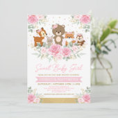 Pink Gold Floral Woodland Animals Kinderdusche Einladung (Stehend Vorderseite)