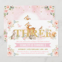 Pink Gold Floral Woodland Tiere 3. Geburtstag