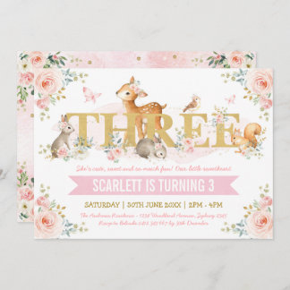 Pink Gold Floral Woodland Tiere 3. Geburtstag Einladung