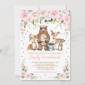 Pink Gold Floral Woodland Tiere Mädchen Kinderdusc Einladung (Vorderseite)
