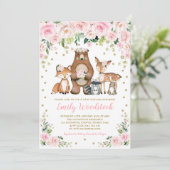 Pink Gold Floral Woodland Tiere Mädchen Kinderdusc Einladung (Stehend Vorderseite)