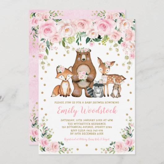 Pink Gold Floral Woodland Tiere Mädchen Kinderdusc Einladung (Vorne/Hinten)