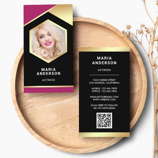 Pink Gold Foil Model Acress QR Code Foto Visitenkarte