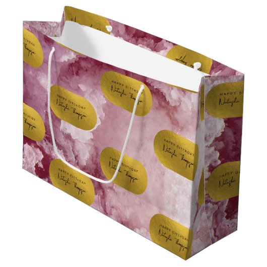 Pink Gold Foil Sea Crystals Signature Script Große Geschenktüte (Vorderseite Schrägansicht)