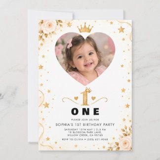 Pink Gold Foto Mädchen 1. Geburtstagseinladung Einladung