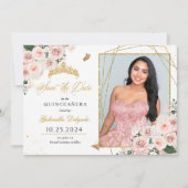 Pink & Gold Fotokarte Quinceañera Save the Date Einladung (Vorderseite)