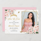 Pink & Gold Fotokarte Quinceañera Save the Date Einladung (Vorne/Hinten)