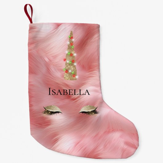 Pink Gold Fur Sparkle Glam Einhornleuchten Kleiner Weihnachtsstrumpf (Vorderseite)