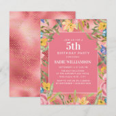 Pink Gold Gelb Blauer Girl's 5. Geburtstag Einladung (Vorne/Hinten)