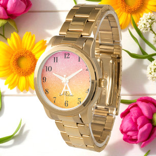 Pink Gold Gelb Glitter Uhr