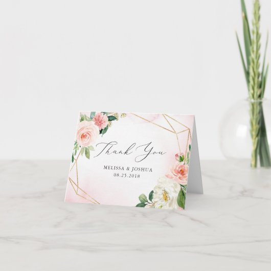 Pink & Gold Geometric Floral Danke Karte (Vorderseite)