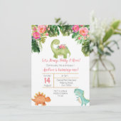 Pink & Gold Girl Dinosaur Geburtstagsaufenthalt Einladung (Stehend Vorderseite)