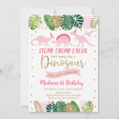 Pink & Gold Girl Dinosaurier Geburtstag Einladung (Vorderseite)