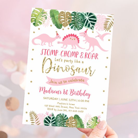 Pink & Gold Girl Dinosaurier Geburtstag Einladung