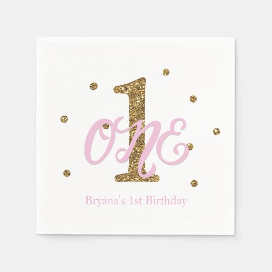 Pink & Gold Girls 1. Geburtstag Party Serviette (Vorderseite)