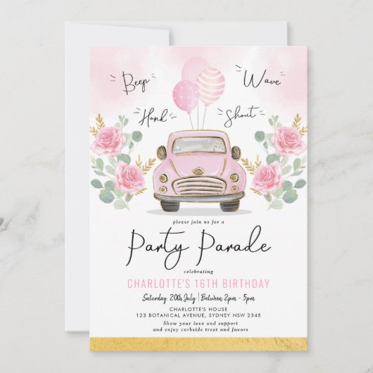 Pink Gold Girls Drive by Birthday Parade Einladung (Vorderseite)