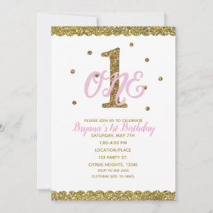 Pink & Gold Girls EIN 1. Geburtstagsparty Einladung