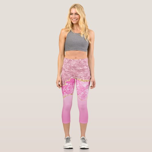 Pink Gold Glam Glitzer Bling Trendy Capri Leggings (Vorderseite)