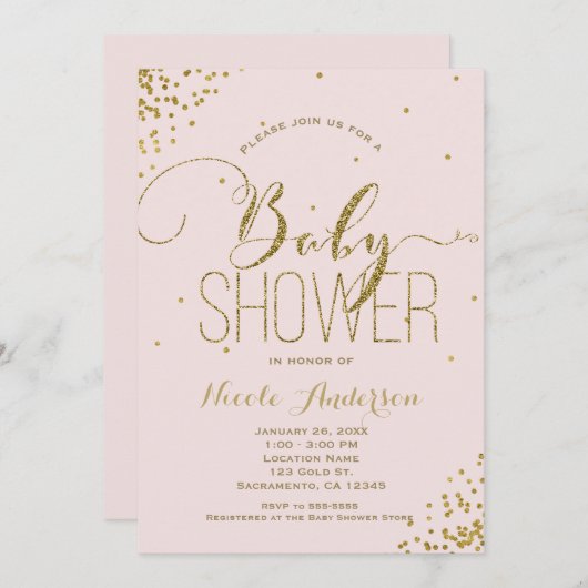 Pink & Gold Glam Glitzer Corners BABY SHOWER Einladung (Vorne/Hinten)