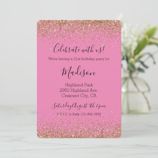 Pink Gold Glam Glitzy Sparkle Glitzer Einladung (Stehend Vorderseite)