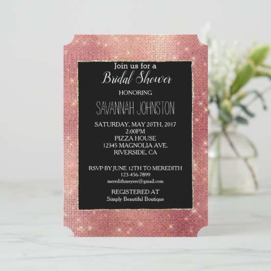 Pink Gold Glam Sparkle Einladung (Stehend Vorderseite)
