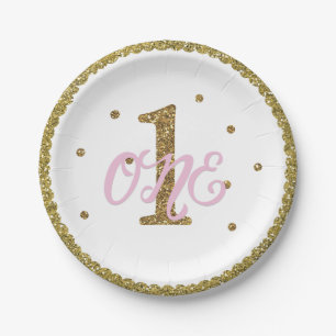 Pink & Gold Glitter 1 EINS 1. Geburtstagsfeier Pappteller