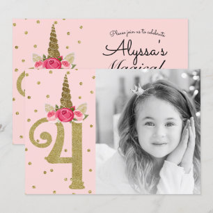 Pink Gold Glitter Einhorn 4 4. Geburtstagsfeier Einladung