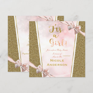 Pink Gold Glitter Glam It's ein Mädchen Schleife B Einladung