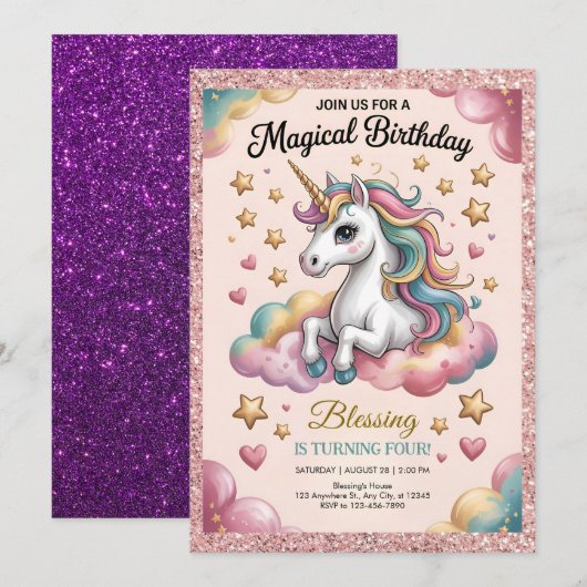 Pink & Gold Glitter Party Einladung (Vorne/Hinten)