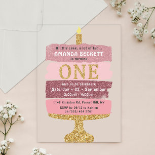 Pink & Gold Glitter Torte zum 1. Geburtstag Acryleinladungen