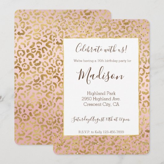 Pink Gold Glitz Sparkle Leopard Print Einladung (Vorne/Hinten)