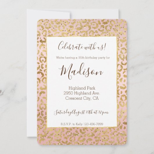 Pink Gold Glitz Sparkle Leopard Print Einladung (Vorderseite)