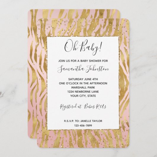 Pink Gold Glitz Sparkle Zebra Baby Dusche Einladung (Vorne/Hinten)