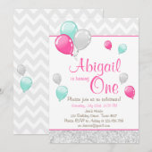 Pink Gold Glitzer Balloons Geburtstagseinladung Einladung (Vorne/Hinten)