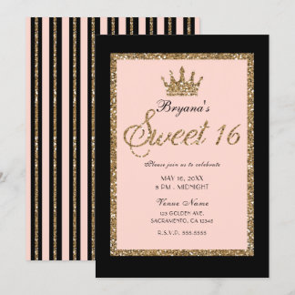 Pink Gold Glitzer & Black Sweet 16 Princess Crown Einladung