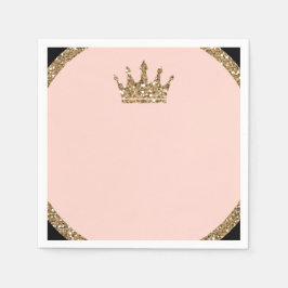 Pink Gold Glitzer & Black Sweet 16 Princess Crown Serviette