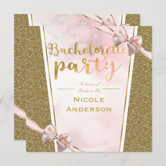 Pink Gold Glitzer Bow Sparkle Junggeselinnen-Absch Einladung (Vorne/Hinten)