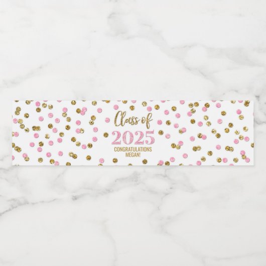 Pink Gold Glitzer Class 2025 Abschluss Wasserflaschenetikett (Einzelnes Label)