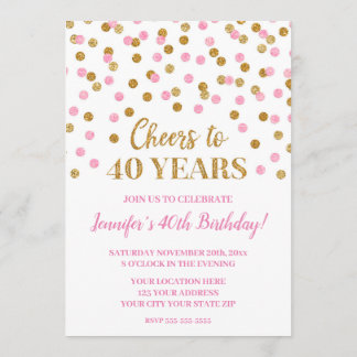 Pink Gold Glitzer Confetti freut sich auf 40 Jahre Einladung