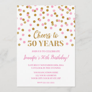 Pink Gold Glitzer Confetti freut sich auf 50 Jahre Einladung