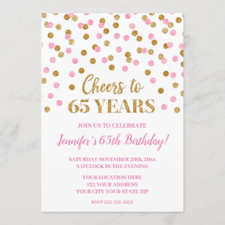 Pink Gold Glitzer Confetti freut sich auf 65 Jahre Einladung